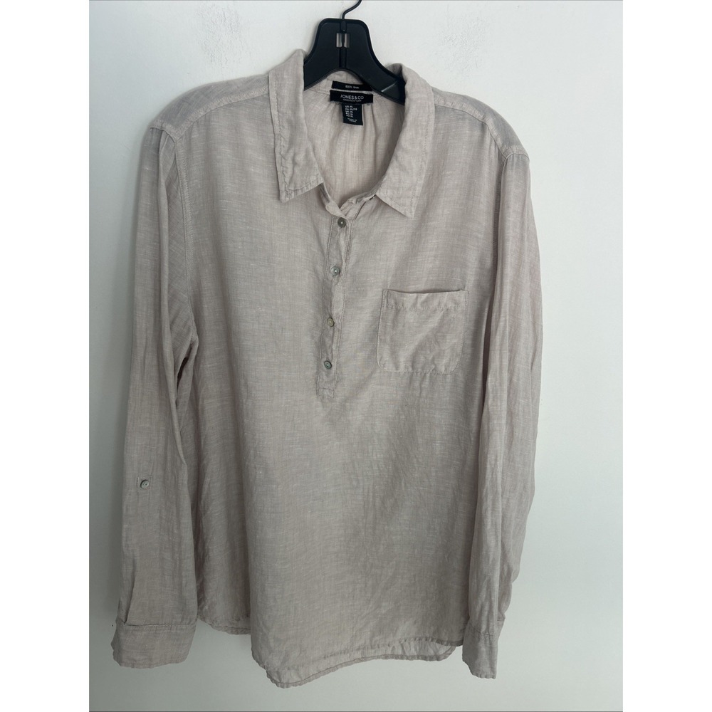 Jones & Co 100%‎ Linen Women's XL Long Sleeve Collared Button Pocket Beige Shirt
